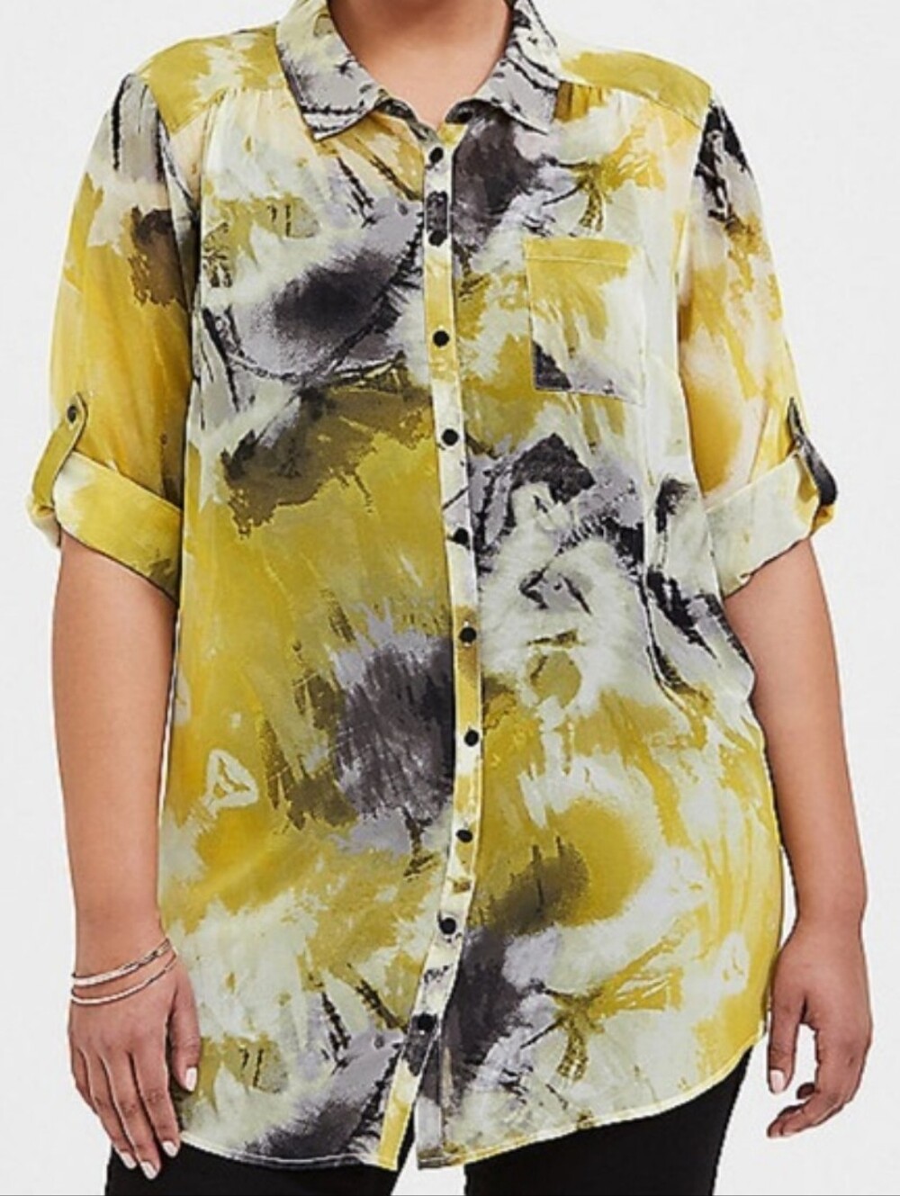 Torrid NWT Neon Yellow & Black Tie Dye Button Up Chiffon Tunic Shirt Top Size 2
